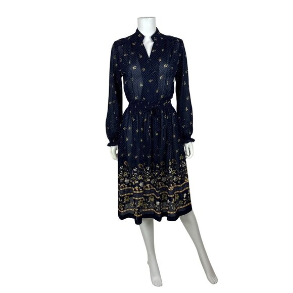 Vintage Dresses & Skirts - Vintage 80s Sheer Dress Womens M Navy Blue Peacock Floral Border Print